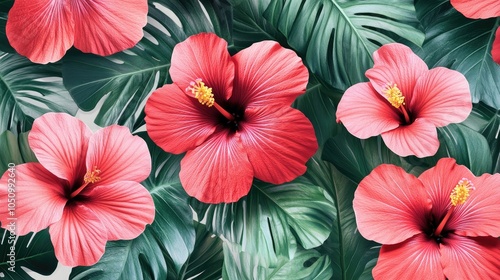 Wallpaper Mural Aloha hibiscus flower Hawaiian tropical seamless pattern. nature floral abstract back ground Torontodigital.ca