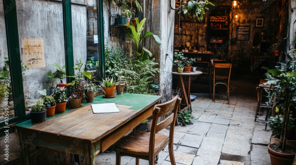 Naklejka premium Cozy Cafe Interior with Plants and Natural Light