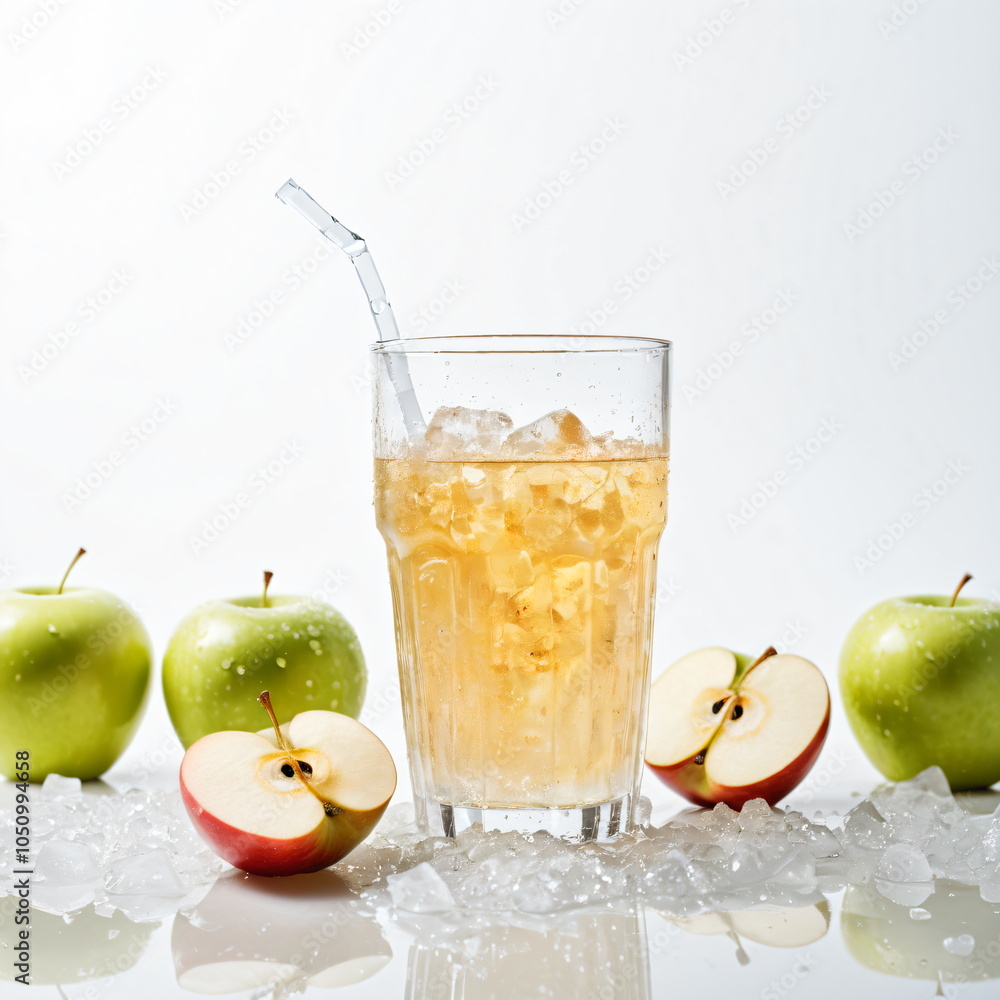 Bright and Refreshing Glass of Clear Apple Juice Surrounded by Crushed Ice with Condensation Droplets – Ideal for Summer Beverage Imagery with a Clean White Background Bright and Refreshing Glass of Clear Apple Juice Surrounded by Crushed Ice with Condensation Droplets – Ideal for Summer Beverage Imagery with a Clean White Background
