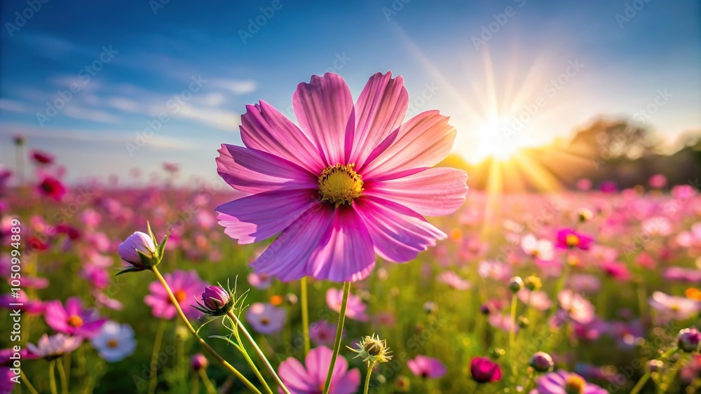 Vibrant cosmos flower blooms in sunny field Vibrant cosmos flower blooms in sunny field