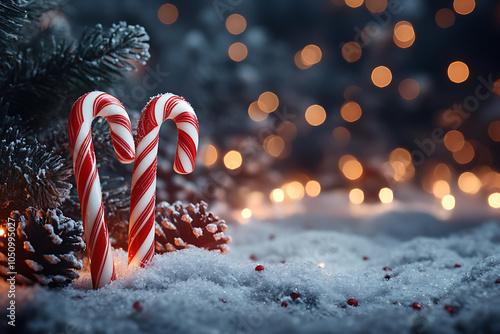 Red and white striped Christmas candy canes arranged in a cozy holiday setting with glowing lights, decorations, and a warm winter background.
 photo