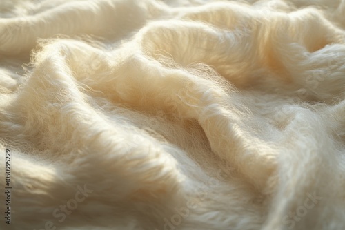 A close-up of a soft, fluffy mohair blanket highlighting its delicate fibers in warm light, perfect for cozying up on chilly evenings photo