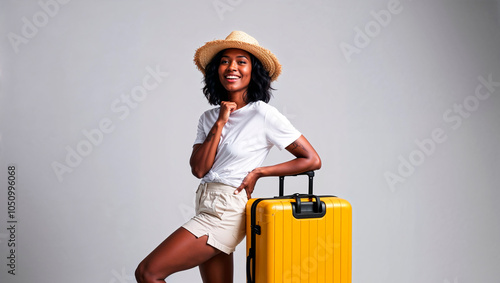 Mulher com mala amarela pronta para viagem