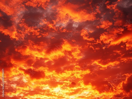 Dramatic sunset with vibrant orange and red clouds.