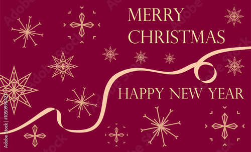Merry Christmas banner, card, poster. Pink background with stylized stars and snow elements and congratulatory text.