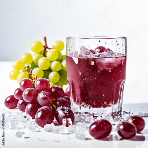 Wallpaper Mural A Glass of Red Grape Juice Surrounded by Crushed Ice and Condensation Droplets on White Background – Refreshing and Cooling Atmosphere with Bright Lighting and Red Grapes Torontodigital.ca