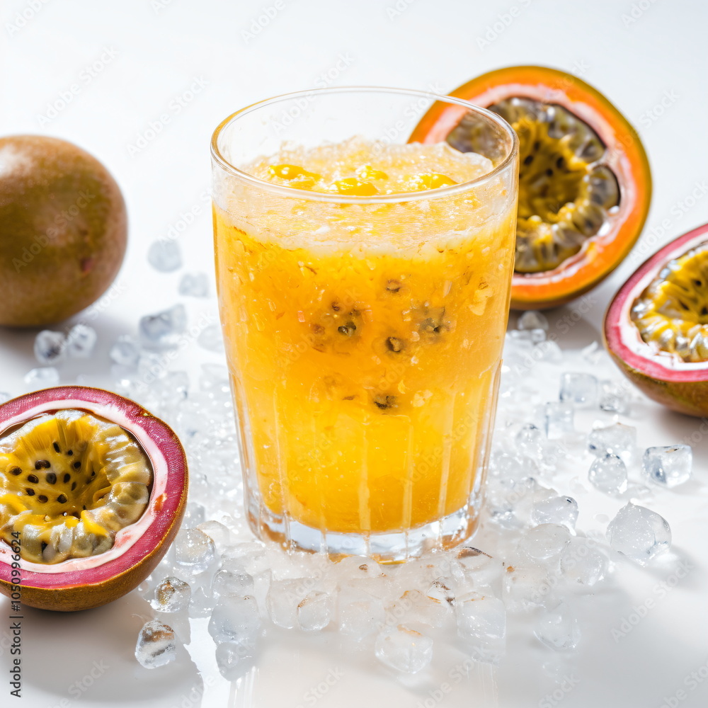 Fototapeta premium Icy Passion Fruit Juice with Condensation Droplets and Crushed Ice, Surrounded by Half-Cut Passion Fruit – Thirst-Quenching, Bright White Background Image