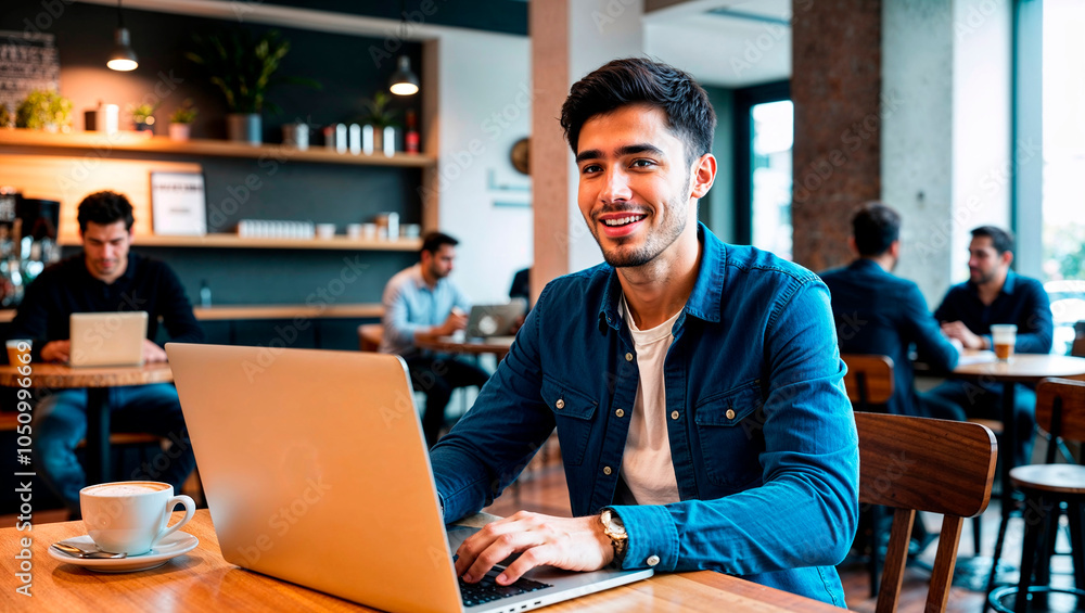 Homem jovem trabalhando em café com laptop Homem jovem trabalhando em café com laptop
