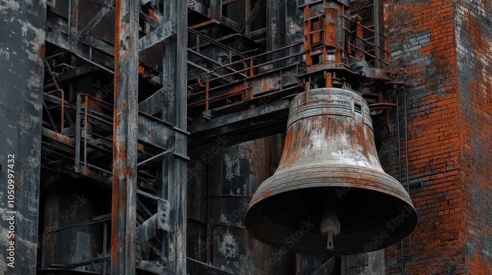 Obraz premium Rusty Bell Hanging from a Fire-Damaged Industrial Structure