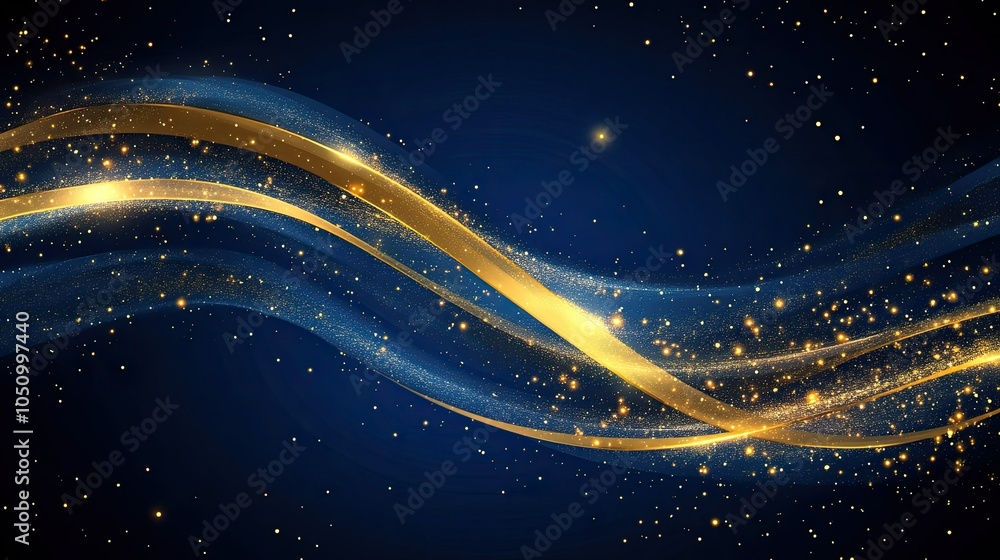 Fototapeta premium Luxury dark blue background with gold line curved and lighting effect sparkle