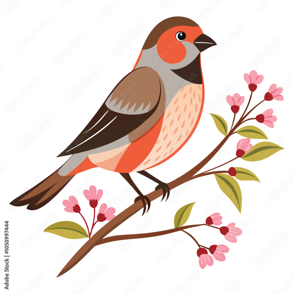 delicate finch on a branch with budding flowers delicate finch on a branch with budding flowers
