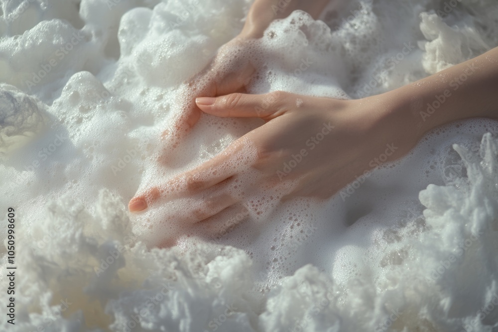 Fototapeta premium Womens hands gently submerging into fluffy white foam with soft ambient light creating a serene and tranquil atmosphere