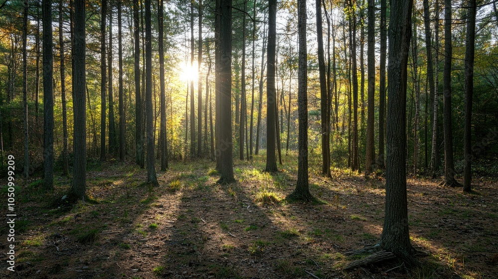 Fototapeta premium Sunlight shines through the trees in a forest surrounded by natural scenery.
