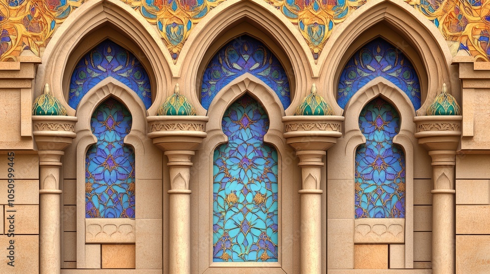 Fototapeta premium Ornamental colorful patterned stone relief in arabic architectural style of islamic mosque