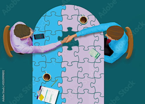 A handshake is the final piece of the puzzle during a meeting to establish a merger or aquisition of businesses. This is a 3-d illustration about business mergers. photo