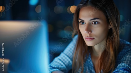 A young professional focuses on her work as she sits at a sleek desk in a bright, glasswalled office. photo