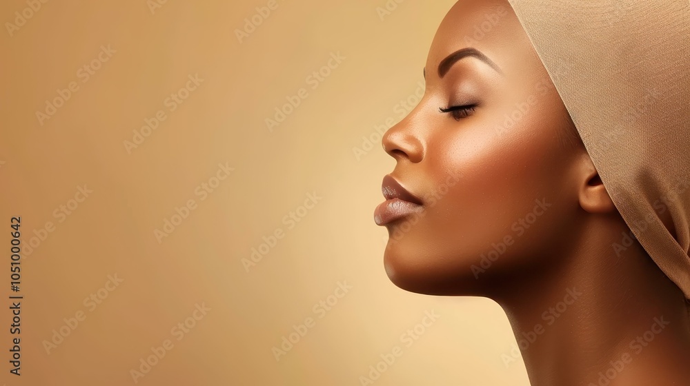 Captivating portrait of a black woman showcasing flawless skin and serene closed eyes, radiating beauty and calmness. Captivating portrait of a black woman showcasing flawless skin and serene closed eyes, radiating beauty and calmness.