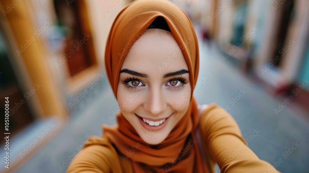 Cheerful Arabian woman captures a joyful selfie with her smartphone, showcasing vibrant city life around her. Cheerful Arabian woman captures a joyful selfie with her smartphone, showcasing vibrant city life around her.