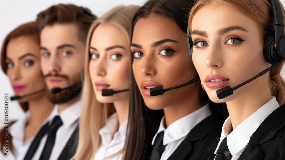 Fototapeta premium A diverse team of call center agents wearing headsets, collaborating efficiently in a dynamic work environment.