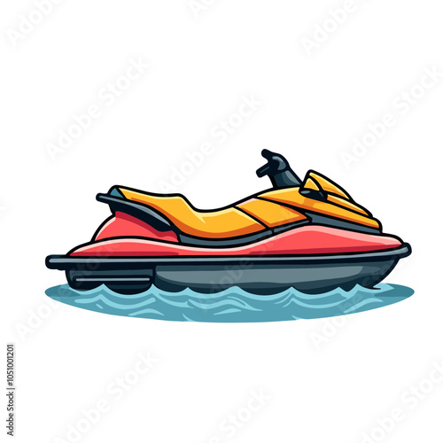 Red and yellow jet ski vector illustration on water