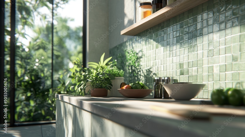 Fototapeta premium Fresh Kitchen with Green Tiles and Natural Light