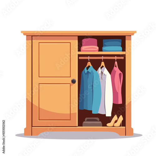 Wooden wardrobe vector illustration with clothes, storage furniture