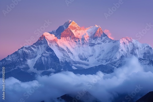 Glowing mountain peak illuminated by golden sunset hues above a sea of clouds in a tranquil alpine panorama