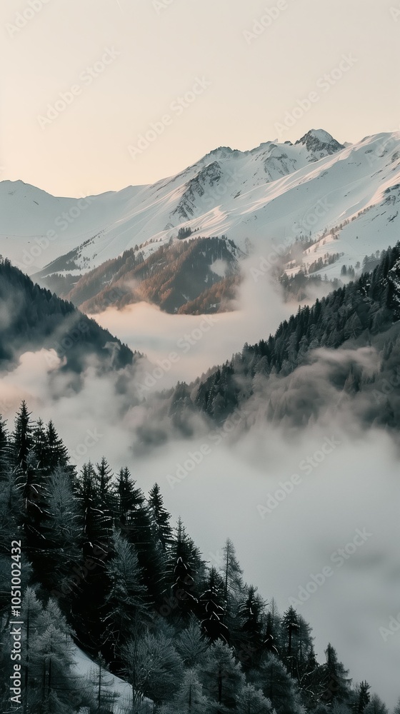Obraz premium Misty mountain valley at sunrise with snow-covered slopes and evergreen forest in a tranquil winter alpine setting