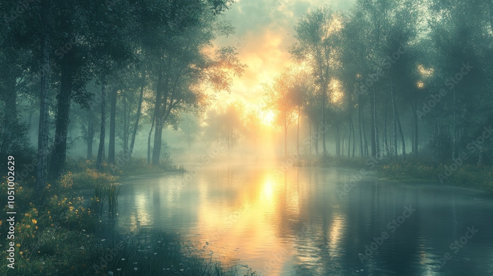Serene river scene at dawn with mist and glowing sunlight. Serene river scene at dawn with mist and glowing sunlight.