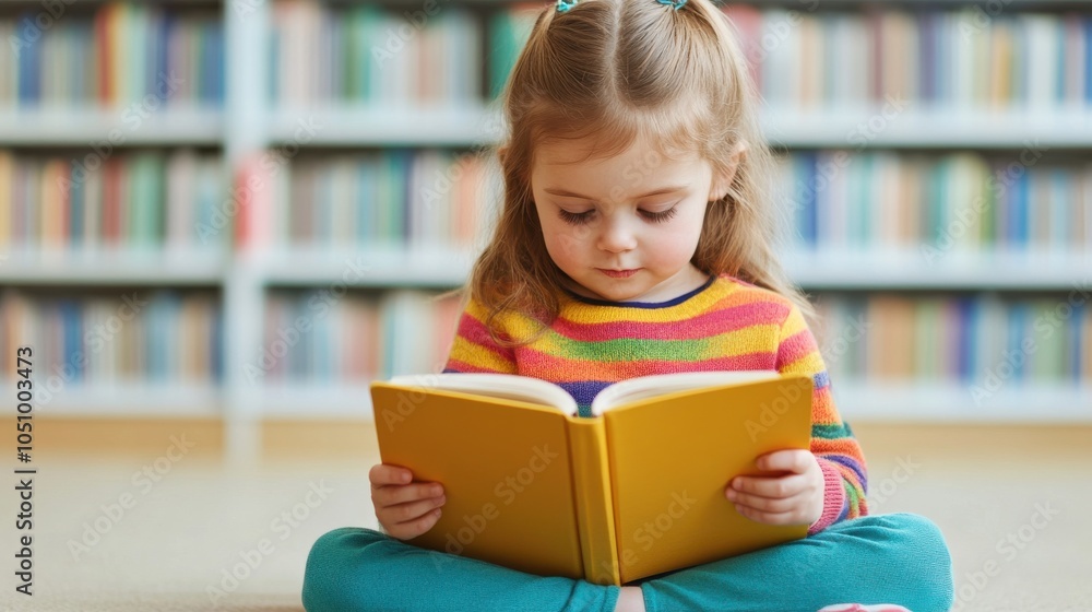 Child Reading an Illustrated Book in a Library Child Reading an Illustrated Book in a Library