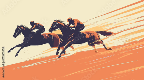 Horses racing against each other in an artistic and dynamic desert setting. Two riders compete in a thrilling horse race across a desert landscape during sunset, vector poster design.