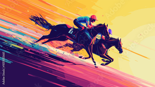 Two jockeys compete fiercely on horseback against a colorful and dynamic background. Two jockeys racing on horses at a vibrant sunset during a horse racing event, vector poster illustration.