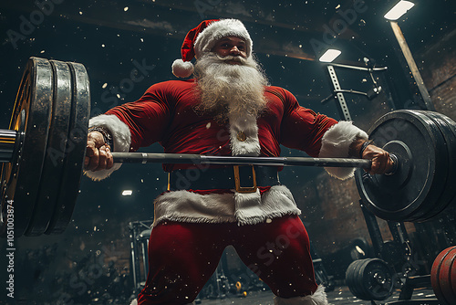 Santa Claus lifting weights in a festive outdoor gym, promoting holiday discounts on sports equipment and fitness gear. 