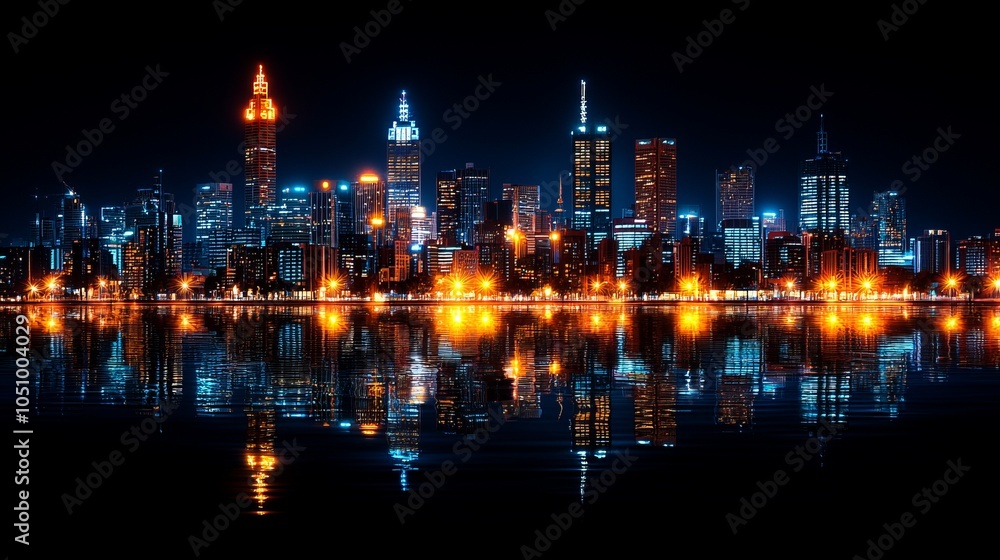 Fototapeta premium Vibrant city skyline reflection at night, dramatic lighting.