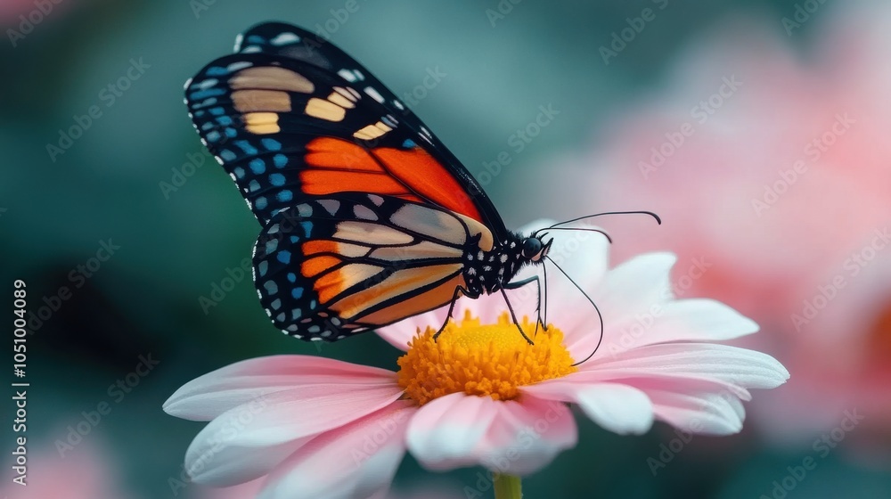 Fototapeta premium Butterfly Feeding on a Daisy in Close-Up View
