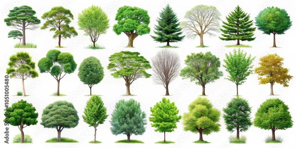 Fototapeta premium A Collection of 24 Detailed Drawings of Various Trees, Including Deciduous, Coniferous, and Evergreen Species, Isolated Against a White Background.