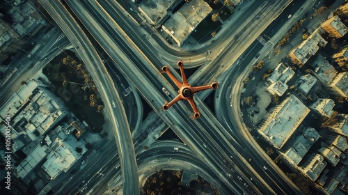 Drone hovering above sprawling highways through the city hypermaximalist advertising photography hyper realistic fine detail