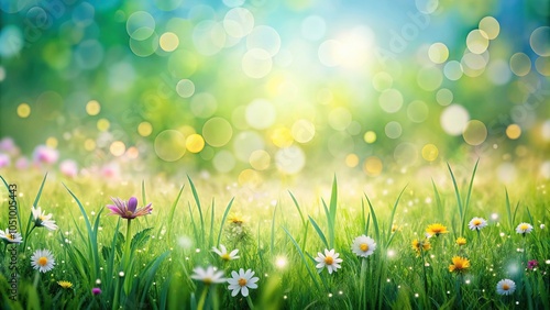 Vibrant grass and flower landscape reflecting in water with blurred bokeh background