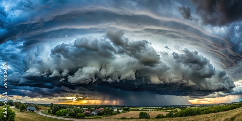 Naklejka premium A storm cloud formation casting a dark shadow over a rural landscape, with sunbeams breaking through the clouds and illuminating the rain falling on the distant fields.