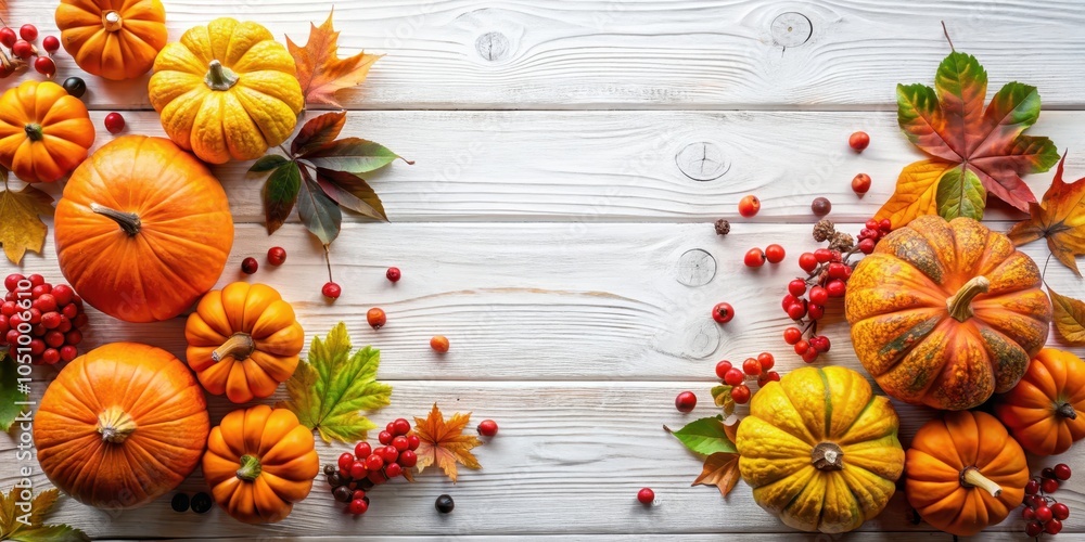Obraz premium A Festive Fall Arrangement with Pumpkins, Berries, and Leaves on a White Wooden Background