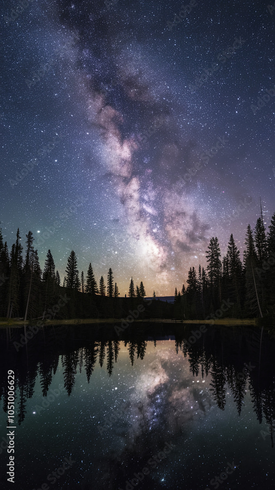 A stunning view of the Milky Way stretching across the night sky above a dark, still lake. The galaxy is vividly reflected on the water’s surface, bordered by tall trees, tranquil, awe-inspiring A stunning view of the Milky Way stretching across the night sky above a dark, still lake. The galaxy is vividly reflected on the water’s surface, bordered by tall trees, tranquil, awe-inspiring