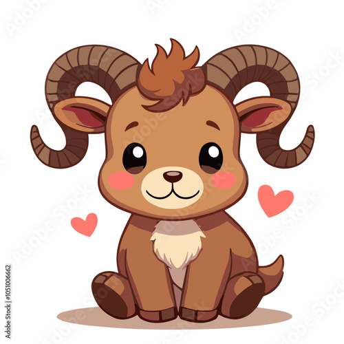 Cute baby ram with hearts, vector cartoon illustration