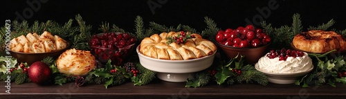  Festive table with menorah, Christmas stockings, and holiday food, warm and inviting. photo