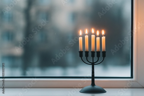 Menorah lit beside a snowy Christmas window, cozy holiday atmosphere. photo