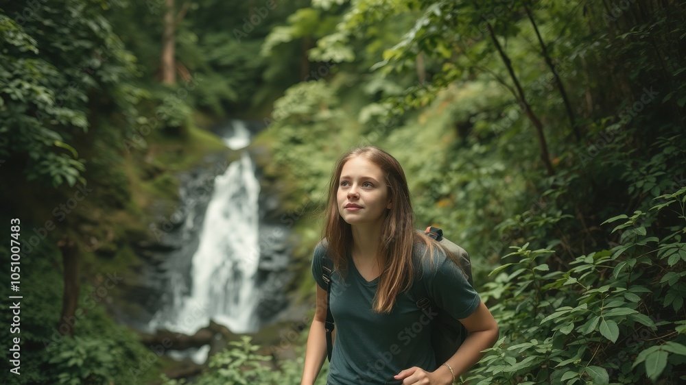 Young woman exploring a lush forest near a beautiful waterfall. Young woman exploring a lush forest near a beautiful waterfall.