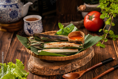 Otak-otak Tengiri with Peanut Sauce, Made from Fish and Flour, Wrap with Banana Leaves and Grill, on Wooden Table photo