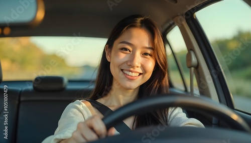 a woman driving safely with a smile photo