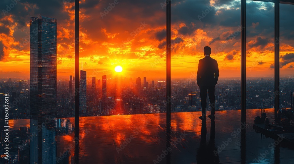 Silhouette of a person against a vibrant sunset cityscape. Silhouette of a person against a vibrant sunset cityscape.