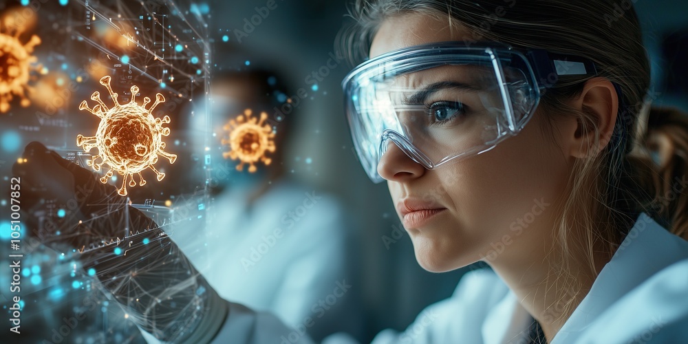 Lab professional in protective clothing examining virus structure under controlled conditions, ideal for medical and science projects, healthcare medical scientist laboratory commercial. Lab professional in protective clothing examining virus structure under controlled conditions, ideal for medical and science projects, healthcare medical scientist laboratory commercial.