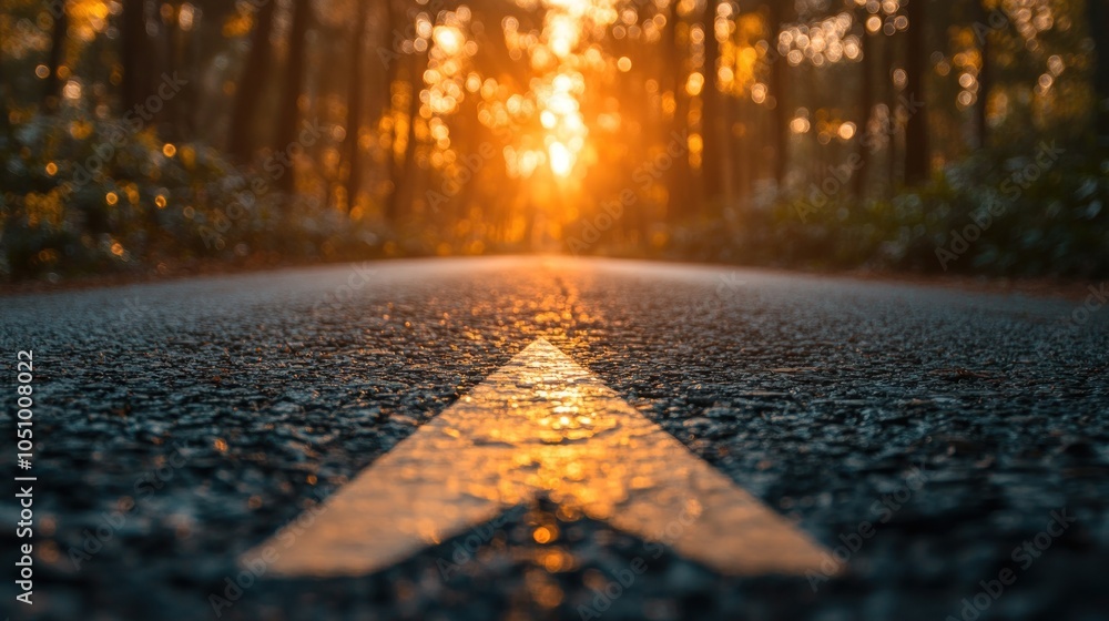 Asphalt Road Leading Towards The Sunset In A Forest Asphalt Road Leading Towards The Sunset In A Forest